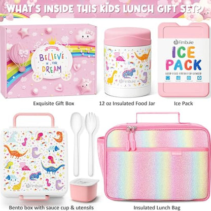Fimibuke Kids Bento Snack Lunch Box with Thermo Insulated Toddler Lunch Bag | Lunch Box Kids with 4 Compartment, Food Jar, Ice Pack, Utensils, Birthday Gifts for Ages 3-12 Back to School Toddler Girl Boy - color: A4.White Dinosaur