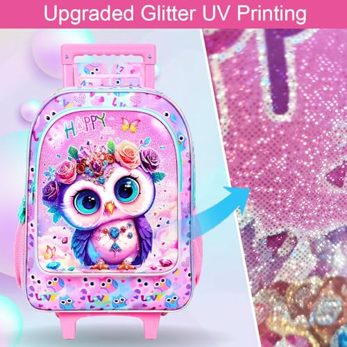 3Pcs Rolling Backpack for Girls, Kids Roller School Backpack with Wheels, Owl Wheeled Bookbag for Elementary Preschool Kindergarten(Pink) - color: Owl Pink