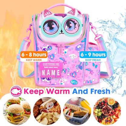 Kids Cooler Insulated Lunch Bag, Back to School Large Meal Tote for Girls, Boys, Men, Women, with Water Bottle Holder and Adjustable Strap, Cat - color: Cat