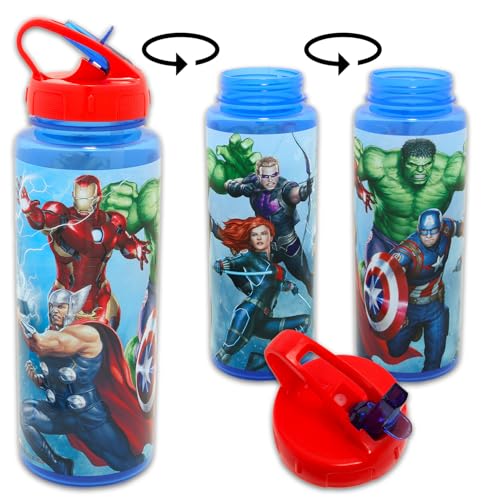 Marvel Avengers Reusable Water Bottle Set - 30 Oz Bundle Plastic Water Bottle with Spout for Home, School, Sports Plus Sticker, and More | Avengers Container