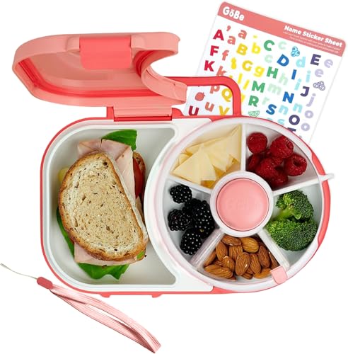 GoBe Kids Lunchbox with Detachable Snack Spinner, Bundle with Hand Strap & Sticker Sheet, Reusable Bento Style Lunch Container, 5 Small +1 Large Sandwich Compartment, BPA & PVC Free, coral pink - color: Coral Pink