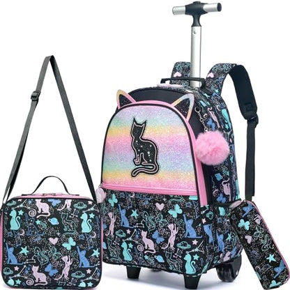 Black Backpack with Wheels for Girls,Cute Cat Rolling Backpack,Travel Carry On Luggage Kids Suitcase with Lunch Box Pencil Case for Ages 6-8 - color: Black Cat
