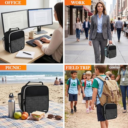 opux Insulated Lunch Bag for Kids Boys Girls, Small Compact Lunch Box with Wide Opening & Mesh Pockets, Reusable Lunch Pail for School, Work, Adults, Men, Women, Charcoal Grey - color: Heather Charcoal