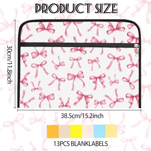 WEBEEDY Portable 13 Pockets Expanding File Folder with Labels and Zipper, Pink Bow Prints Document Folder Cute Accordion File Organizer for A4 Paper Letter Receipt Paperwork Office, Back to School