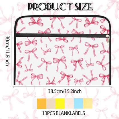 WEBEEDY Portable 13 Pockets Expanding File Folder with Labels and Zipper, Pink Bow Prints Document Folder Cute Accordion File Organizer for A4 Paper Letter Receipt Paperwork Office, Back to School
