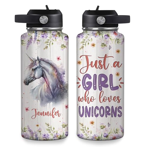 Hyturtle Personalized Unicorn Water Bottle - Custom Name Travel Insulated Stainless Steel Bottle with Leak-Proof Lid 18oz 32oz - Animal Gift for Women Girls Unicorn Lovers - Birthday Christmas Gift - color: Unicorn