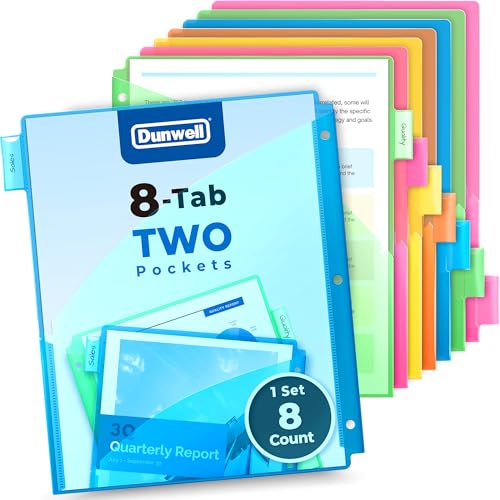 Dunwell 8-Tab Binder Dividers with Two Pockets, Plastic Slash Pocket Dividers with Tabs, Multicolor, 3 Ring Binder Pocket with Index Tab, Acid-Free, Poly Notebook Divider, Includes Label Inserts - size: 1 Set (8 pcs)