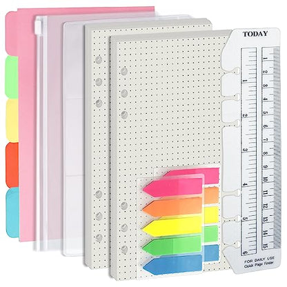 Harphia A6 6 Holes Binder Refill Value Set, 90sheets dotted loose leaf paper with stickers and dividers, planner inserts with binder pockets for A6 binder 6 holes refillable notebook,005dA6dot - color: Dot Paper Set, size: A6