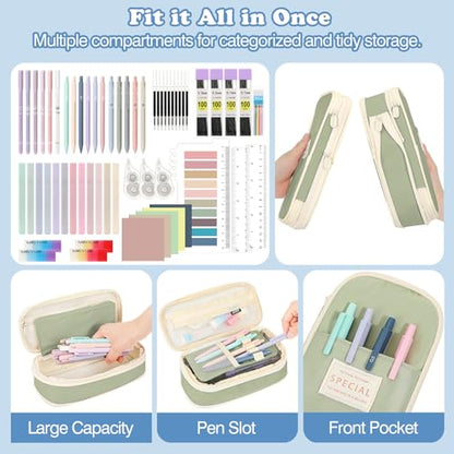 MoKo Pencil Case with Supplies, 60Pcs Aesthetic School Set, Green | Includes highlighters, gel and ballpoint pens, mechanical pencils, refills, sticky notes, correction tapes and rulers.