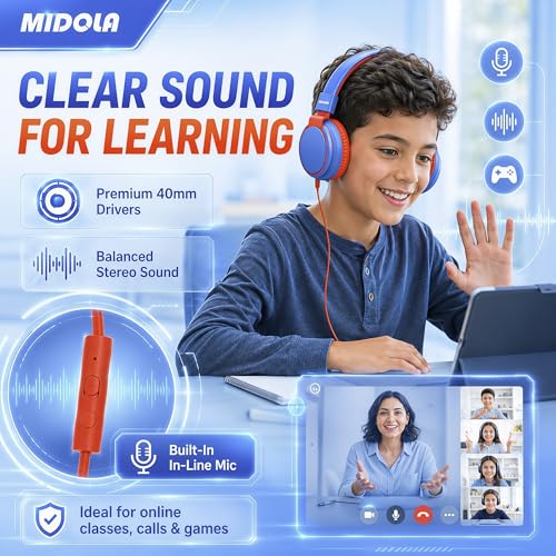 MIDOLA Kids Headphones for School Learning,Volume Limited 85/94dB, Foldable Lightweight Over-Ear Wired Headphones for Kids Toddler Girls Boys 3.5mm for Pad,Headsets with Built-in Mic Blue - color: Blue