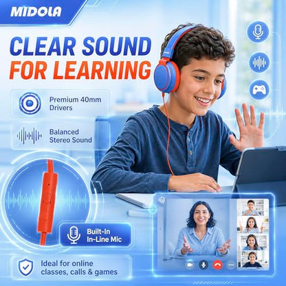 MIDOLA Kids Headphones for School Learning,Volume Limited 85/94dB, Foldable Lightweight Over-Ear Wired Headphones for Kids Toddler Girls Boys 3.5mm for Pad,Headsets with Built-in Mic Blue - color: Blue