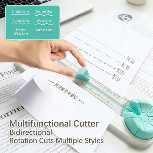 6 in 1 Paper Cutter, 13.78x4.25in Paper Trimmer with Straight Dotted Curved Scoring Wavy Styles, Portable Precise Cutter for Photos Coupons Cards Vinyl DIY Projects