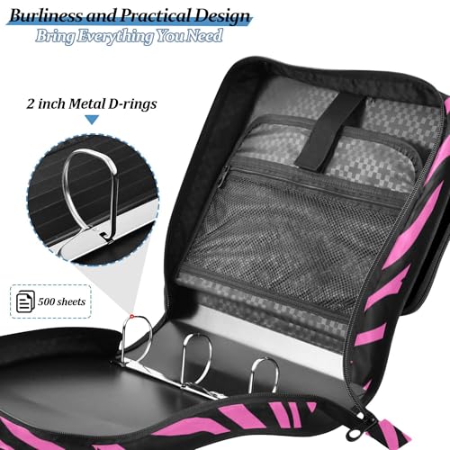 Fisyme Pinks Zebra Print Zipper Binder 3 Ring with Zipper and Shoulder Strap Large Capacity Multi-Pocket Binder Organizer - color: Multi-pinks