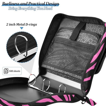 Fisyme Pinks Zebra Print Zipper Binder 3 Ring with Zipper and Shoulder Strap Large Capacity Multi-Pocket Binder Organizer - color: Multi-pinks