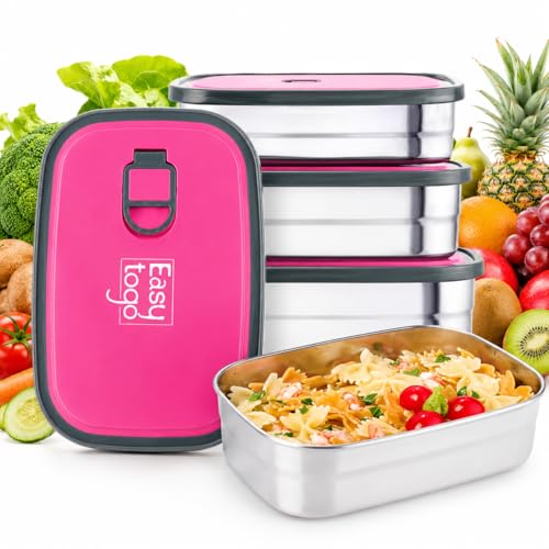 Easy Togo 3-Pack Stainless Steel Lunch Containers – Airtight Leakproof Food Storage Boxes for Meal Prep, Snacks & Leftovers – 37oz + 23oz + 12oz, Pink Lid, Reusable Bento Set for Adults