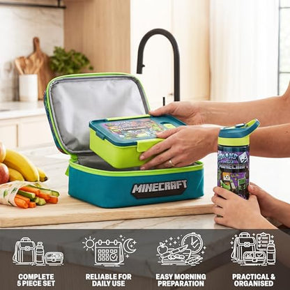 Get Trend Minecraft Kids Lunch Box 3 Pc Set with Insulated Lunch Bag, Bento Box with Two Mini Pots & 20 fl oz Water Bottle with Straw for School, Picnic, Creeper Gamer Gifts for Boys (Multi Minecraft) - color: Multi Minecraft
