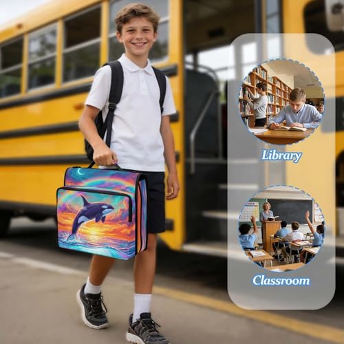 Dolphin 2-inch 3 Ring Zipper Binder with Shoulder Strap Holds 14 Inch Laptop for Students and Office - color: Rainbow Dolphin