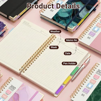 Hardcover Spiral Journal Notebook, 300 Pages 5 Subject Notebook College Ruled with Removable Dividers Tabs, 8" x 10" Notebooks for Work, Spiral Ruled Lined Writing Journal Hardcover Leather Notebook for School (Brown, 8''x 10'') - color: Brown