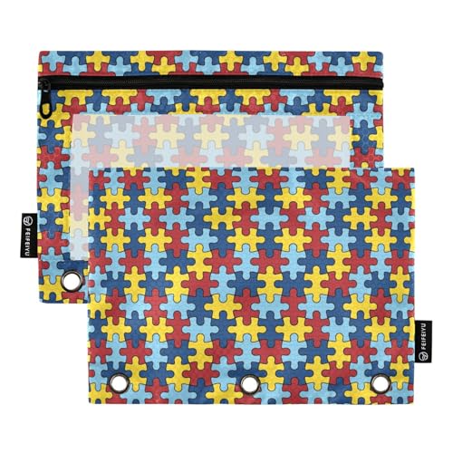 Autism Awareness Puzzle Piece Pencil Pouches for 3 Ring Binder, Zipper Binder Pencil Case, 2 Pack Clear Window Case Bag for Office Organizers - color: Autism Awareness Puzzle Piece