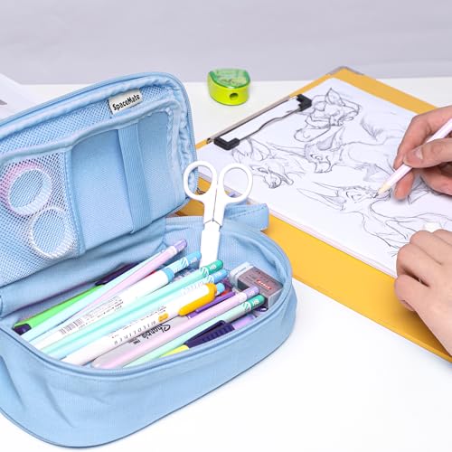 SPACEMATE Pencil Case Pouch Box Bag School Supplies Girls Boys Kids, Cute Preppy Stuff Large Big Capacity Aesthetic Pen Organizer, Back to College Stationary, Sky Blue, Heavy Duty Canvas, 1800ml - color: Sky Blue