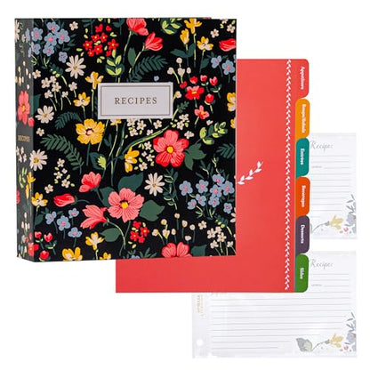 Jot & Mark 8.5"" x 9.5"" 3 Ring Recipe Binder with 50 Matching 4x6 inch | 50 Recipe Cards + 25 Sleeve Protectors + 5 Full-Page Sleeves + 6 Divider Tabs | 8.5x9.5 3-Ring - color: Midnight Bloom, size: 8.5" x 9.5"