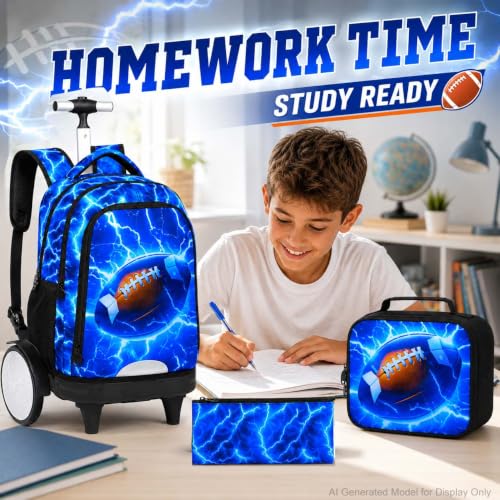 KLFVB Big Quiet-Glide Wheels Rolling School Backpack, 3-in-1 Roller Bag Set with Lunch Bag | Water-Resistant Wheeled Bookbag for Boys, Travel, Play - Lightning Rugby - color: Rolling Backpack With Big Wheels - Lightning Rugby