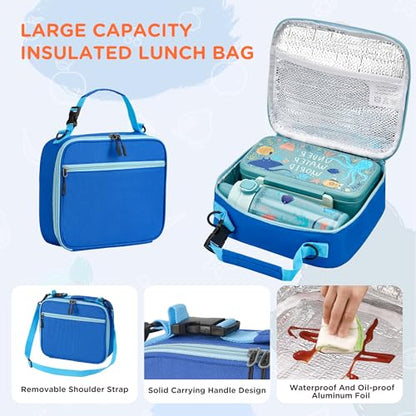 MAISON HUIS Bento Box for Kids with 8oz Soup Thermo, Insulated Lunch Bag & 17oz Water Bottle, 2-Compartment Bento Box with Built-In Ice Pack, Leak-Proof & BPA-Free - color: Blue2