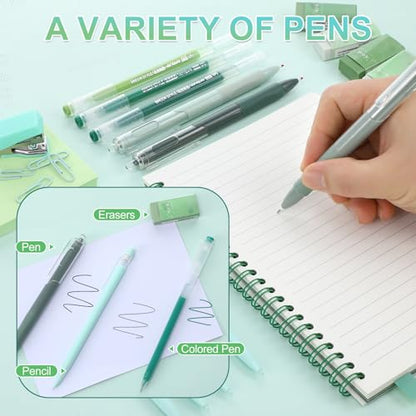 Eersida 74 Pcs Aesthetic School Supplies with Large Pencil Pouch 5 Ink Gel Pens 12 Highlighters 6 Mechanical Pencils 0.5mm 9 Color Pens 4 Note Pads Set for Student Stationary (Green,Nature Style) - color: Green, style: Nature Style