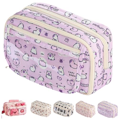 Cute Kawaii Pencil Case Pouch Cartoon Pen Box Holder Organizer for Office Workspace Supplies Desk Accessories Travel Essentials Aesthetic Trendy Cool Stuff Gift Large Capacity (Purple Kapibala) - color: Purple Kapibala