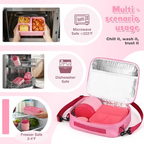 WyfKyd Snack Box Container Set with Soup Thermo Kids Adults Bento Lunch Box | Snack Box Container Set with 10.5oz Soup Thermo and Bag for Kids Adults Bento Lunch Box for Office School Travel Outdoor Pink - color: Pink Set