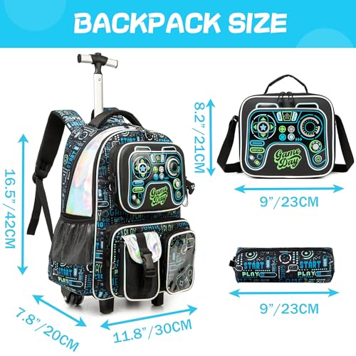 16inch Rolling Backpacks for Boys School Backpacks with Wheels for Elementary Preschool Students Kids Travel Luggage Suitase for Boys - color: Black Game