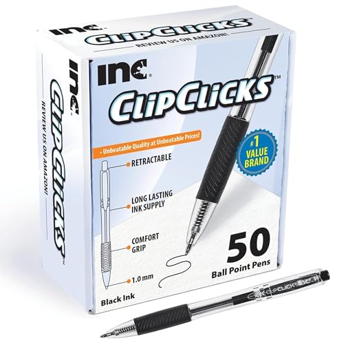 Inc. ClipClicks Retractable Ballpoint Pens - Bulk 1.0-mm Medium-Point Pen Set With Comfort Grip for School, Office, Writing, and Journaling, 50 Count, Black - color: Black, size: 1 Count (Pack of 50)