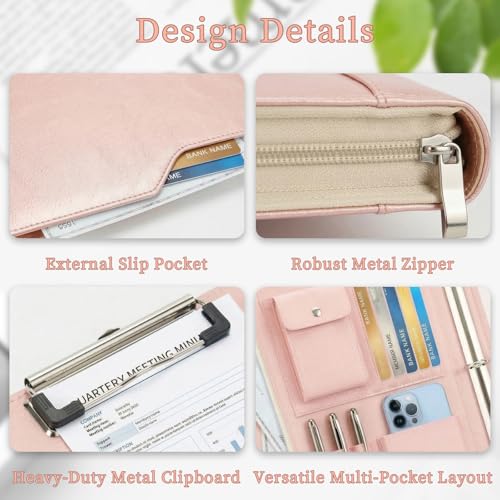 Zippered Padfolio with 3-Ring Binder & Clipboard, PU Leather Portfolio Organizer for Men Women, A4 Document Holder with Phone Pocket Pen Loops Card Slots, Professional Business Folder Rose Gold