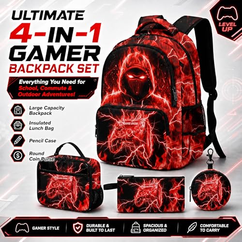 Game Backpack Set for Boys Kids, Gaming Kids Boys Backpack with Lunch Box, Pencil Bag and Coin Purse. Game School Bag 17" (Red) - color: Red-2