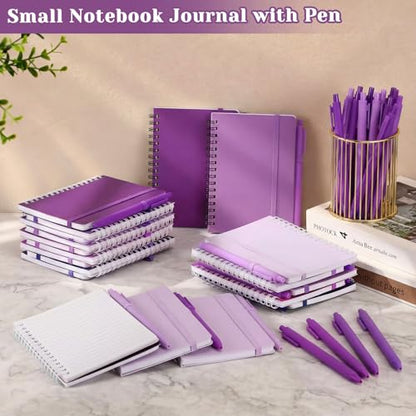 Fulmoon 12 Set Small Spiral Notebooks A6 with Pens Bulk, Multicolor 4" x 6" Pocket Notebooks Mini Lined Journals 50 Sheets for Back to School Supplies Students Gifts Rewards Office (Violet Bloom) - color: Violet Bloom