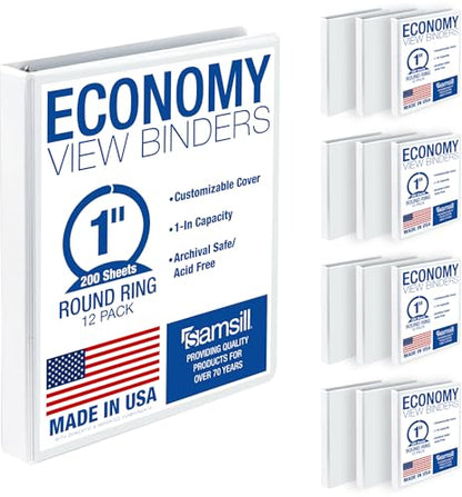 Samsill 1 Inch 3 Ring Binders, Economy Round Ring, Clear View Cover, 200 Sheet Capacity - for School, Home, Office - White, 12 Pack - color: White, size: 12-Pack, style: 1-Inch