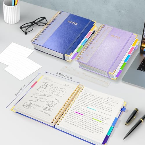 Hardcover Spiral Notebook Journal with Removable PVC Dividers - 8'' x 10'' Large 100 GSM Paper B5 Notebooks with Tabs, 300 Pages Leather 5 Subject Notebook College Ruled for Work School Notes, Blue - color: Blue