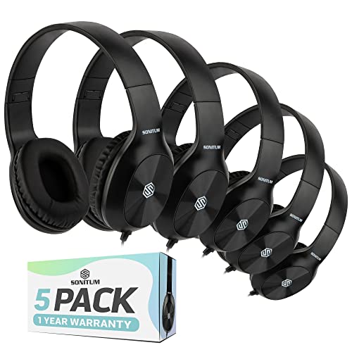 Sonitum Kids Headphones, 5-Pack, On-Ear, 3.5mm Wired, Adjustable, Cushioned, Black - color: Black