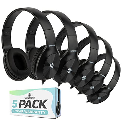 Sonitum Kids Headphones, 5-Pack, On-Ear, 3.5mm Wired, Adjustable, Cushioned, Black - color: Black