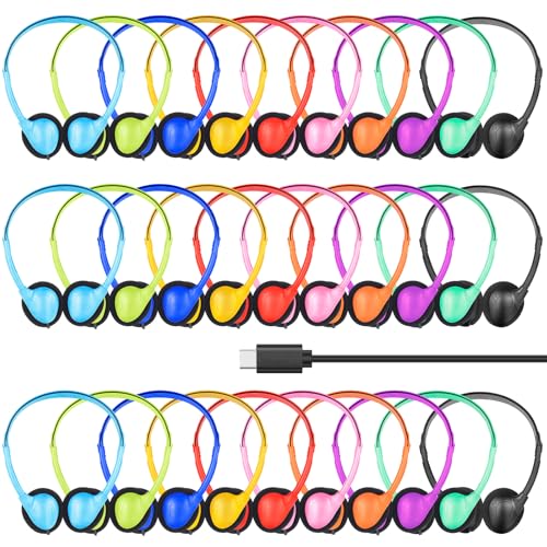 USB Type C Headphones Bulk for Classroom School Kids 30 Pack | On-Ear Wired USB C Headphones for School Student Children Compatible with Pad Smartphones Tablet Chromebooks Mixed Colors - color: Mixed Colors, size: 30 Pack