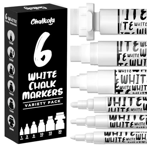 Chalkola 6 White Chalk Markers for Blackboard, Chalkboard Signs, Car Window, Bistro, Glass | Washable Fine Tip, Bold & Jumbo Size Dry Erase Liquid Chalk Pens Erasable (1mm, 3mm, 6mm, 10mm, 15mm, 30mm) - color: White - 1mm, 3mm, 6mm, 10mm, 15mm, 30mm (6 Pa