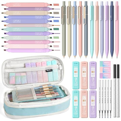 Nicpro School Supplies with Cute Pencil Case, 39 PCS Blue | Back to School Stationery Set, Essentials for College Nursing Student, 12 Pastel Highlighter, 6 Mechanical Pencil, 5 Gel Pen - color: Blue, size: 39 PCS