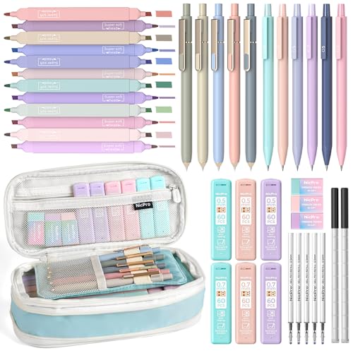 Nicpro School Supplies with Cute Pencil Case, 39 PCS Blue | Back to School Stationery Set, Essentials for College Nursing Student, 12 Pastel Highlighter, 6 Mechanical Pencil, 5 Gel Pen - color: Blue, size: 39 PCS