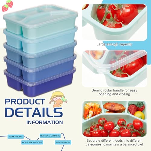 Honeydak 5 Pack Snack Containers 4 Compartment Bento Snack Boxes Reusable Lunchable Containers with Lids Divided Meal Prep Lunch Food Storage Box for School Work Travel(Blue Ombre,Mixed) - color: Blue Ombre, style: Mixed