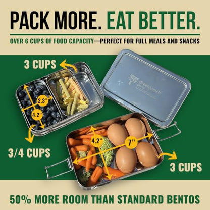 Stackable Stainless Steel Bento Box for Adults, 6 Cup with Snack Pod | Crack-Resistant, Secure Locks, Eco-Friendly Lunch Container for Work, Office & Travel