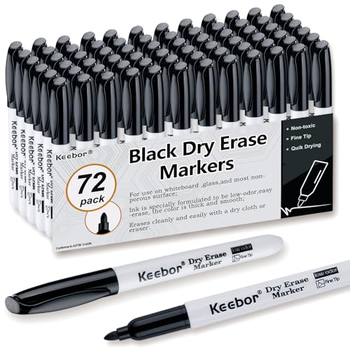 Keebor Fine Tip Dry Erase Markers - Bold Black, Long-Lasting ink, Low-Odor - 72 Pack Whiteboard Markers Bulk for Home, Office, Back to School Supplies - color: Black, size: 1 Count (Pack of 72)