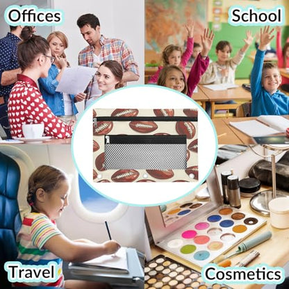 Sports Football Pencil Pouch for 3 Ring Binder Soccer Rugby Balls Pencil Case Bag with Clear Window Zipper Pockets for Kids Girls Boys Students School College Supplies 2 Pack - color: Brown Beige