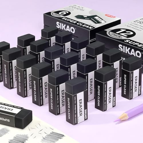 Black Erasers, 12 Pack Block Pencil Erasers | Smudge-Free Latex-Free Art Erasers for Adults Artists, Clean Erase for School, Homework, Office & Drawing - style: Black