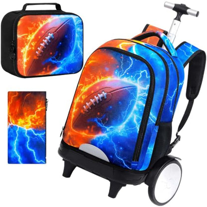 AGSDON Quiet Rolling Backpack with Lunch Box Set – Large‑Wheel Water‑Resistant Wheeled Bag for School, Outings, and Travel | Fire-Lightning Rugby 3‑Piece Organizer Backpack - color: Big Wheel Rolling Backpack Fire-lightning Rugby