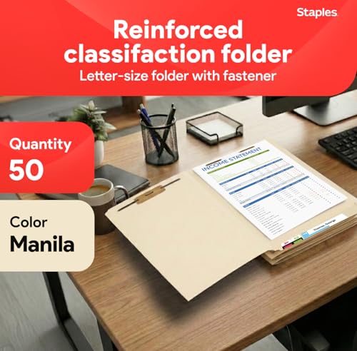Staples Reinforced File Folder with Fasteners, Letter Size, Manila, Durable Paper Stock, 50/Pack - style: 50 Pack